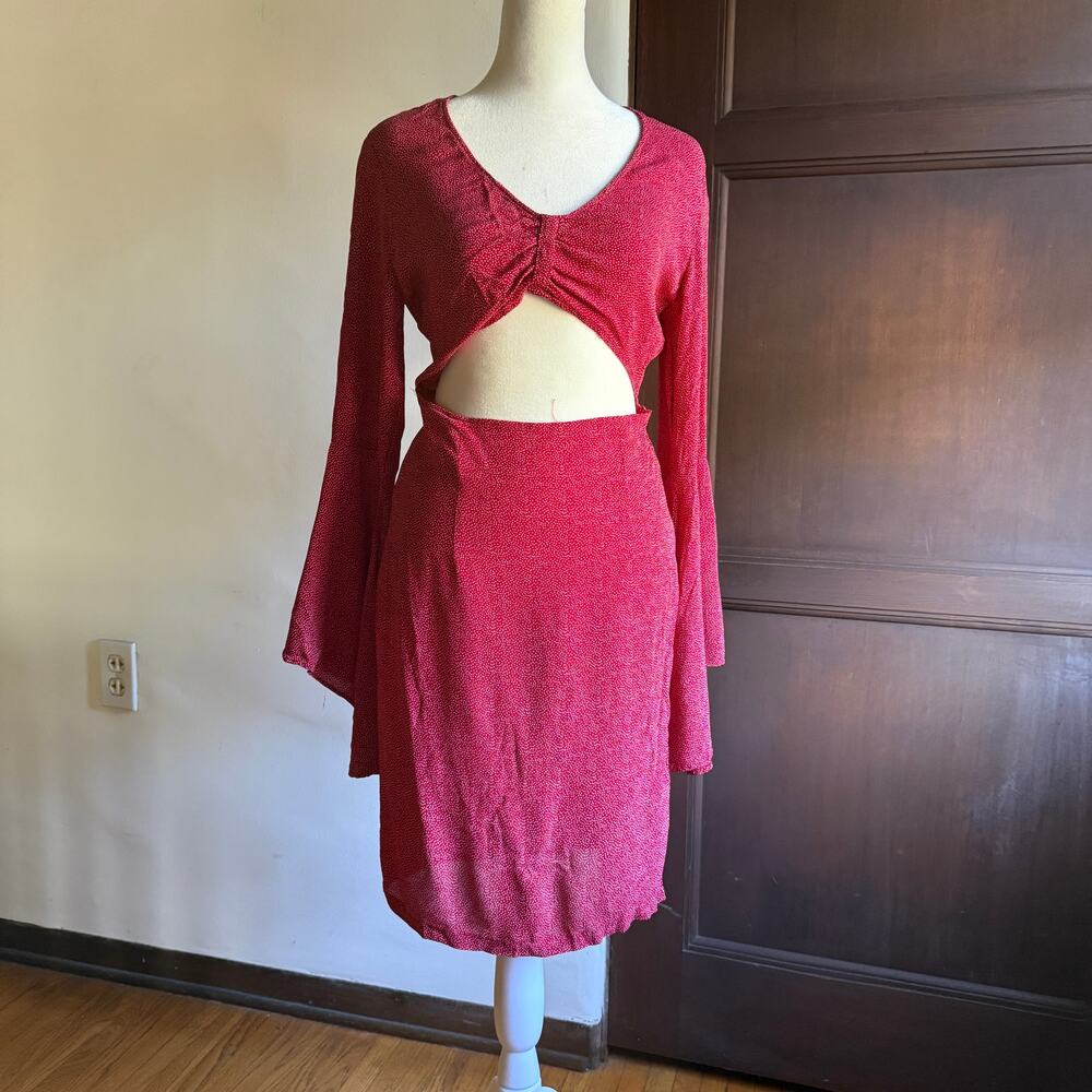 FLYNN SKYE | Moscow Red Polka Dot V Neck Bell Sleeve Cutout Mini Dress | Medium